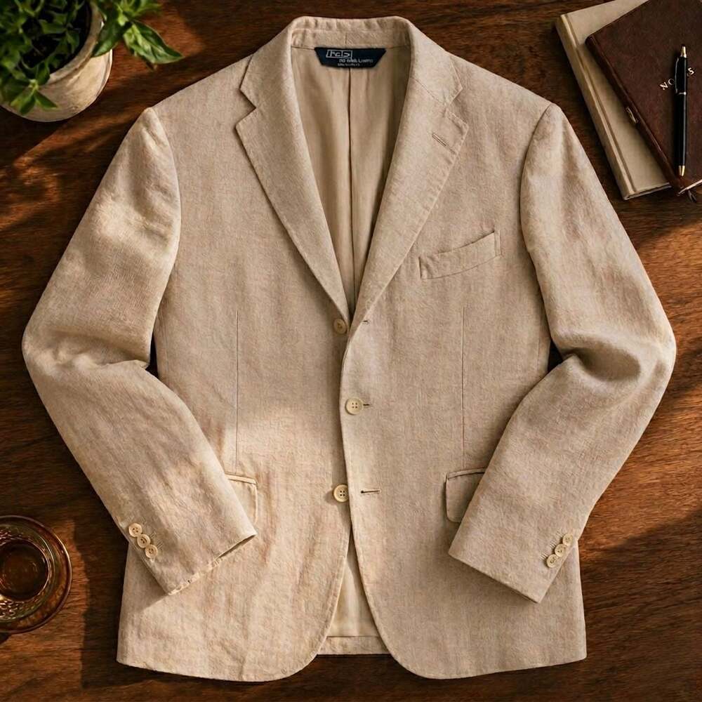 Vintage Ralph Lauren Linen Blazer Made in Italy Cream Herringbone 40L 3 Button